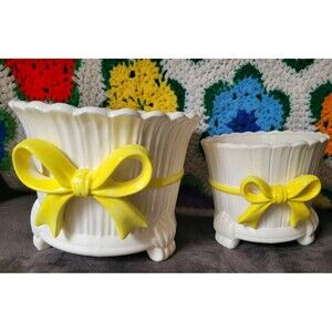 Vtg Price Imports Set of Ruffled Pots Planter Yellow Bow Cottage Core Grannycore